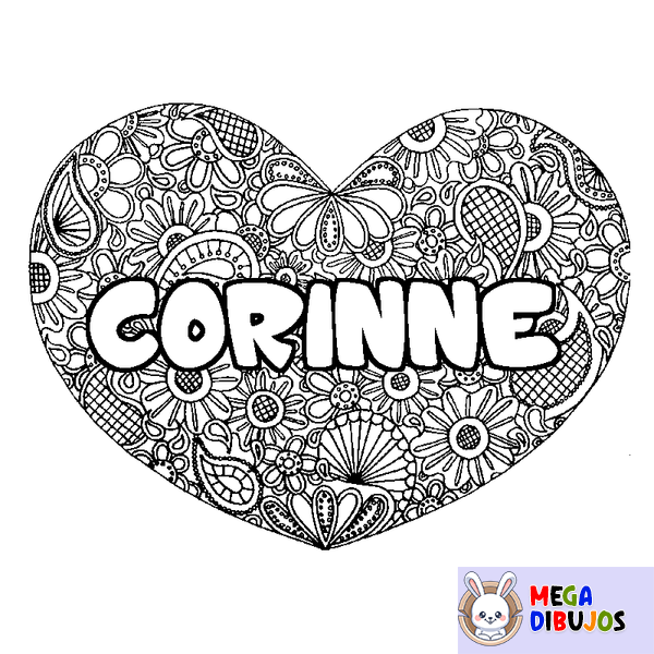 Coloraci&oacute;n del nombre CORINNE - decorado mandala de coraz&oacute;n