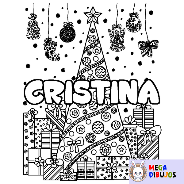 Coloraci&oacute;n del nombre CRISTINA - decorado &aacute;rbol de Navidad y regalos
