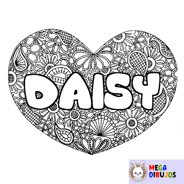 Coloraci&oacute;n del nombre DAISY - decorado mandala de coraz&oacute;n