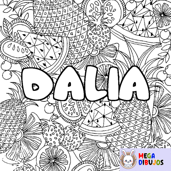 Coloraci&oacute;n del nombre DALIA - decorado mandala de frutas