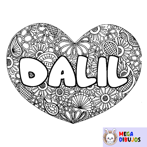 Coloraci&oacute;n del nombre DALIL - decorado mandala de coraz&oacute;n