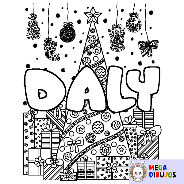 Coloraci&oacute;n del nombre DALY - decorado &aacute;rbol de Navidad y regalos