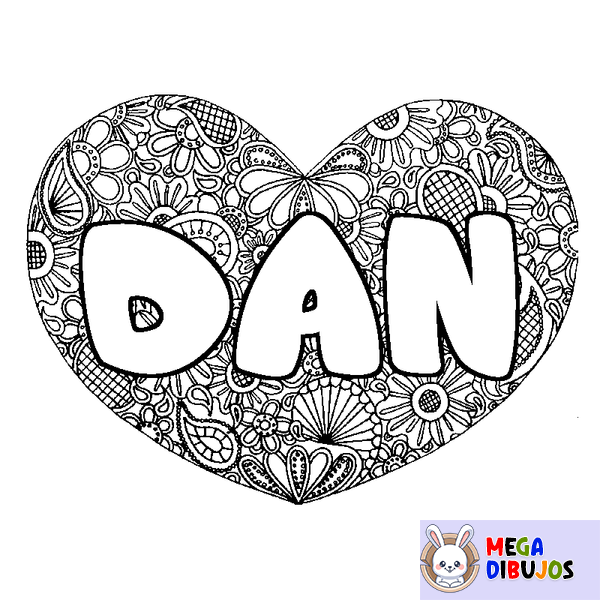 Coloraci&oacute;n del nombre DAN - decorado mandala de coraz&oacute;n