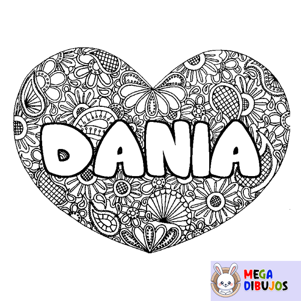 Coloraci&oacute;n del nombre DANIA - decorado mandala de coraz&oacute;n