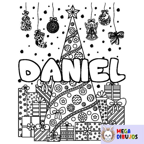 Coloraci&oacute;n del nombre DANIEL - decorado &aacute;rbol de Navidad y regalos