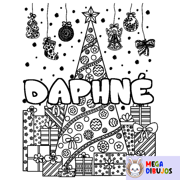 Coloraci&oacute;n del nombre DAPHN&Eacute; - decorado &aacute;rbol de Navidad y regalos
