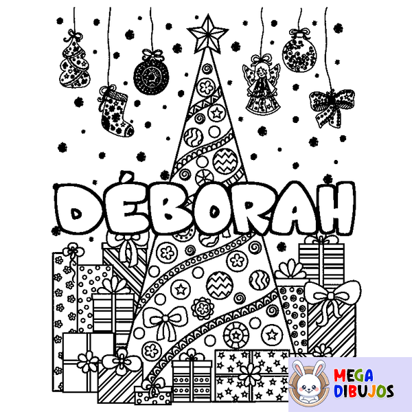 Coloraci&oacute;n del nombre D&Eacute;BORAH - decorado &aacute;rbol de Navidad y regalos
