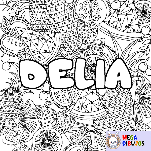 Coloraci&oacute;n del nombre DELIA - decorado mandala de frutas