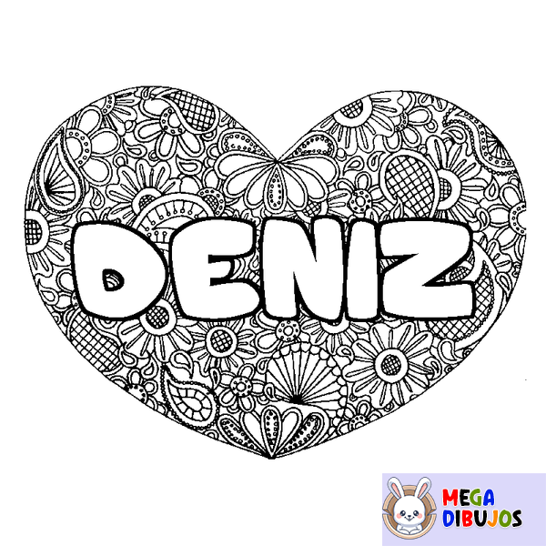 Coloraci&oacute;n del nombre DENIZ - decorado mandala de coraz&oacute;n