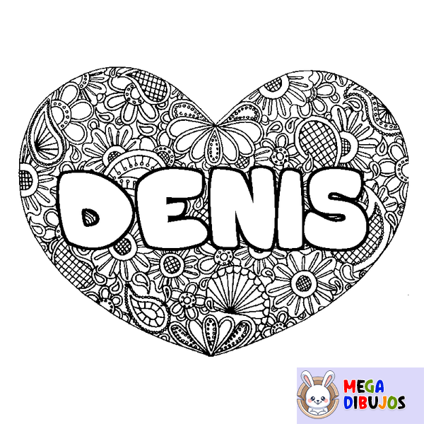 Coloraci&oacute;n del nombre DENIS - decorado mandala de coraz&oacute;n