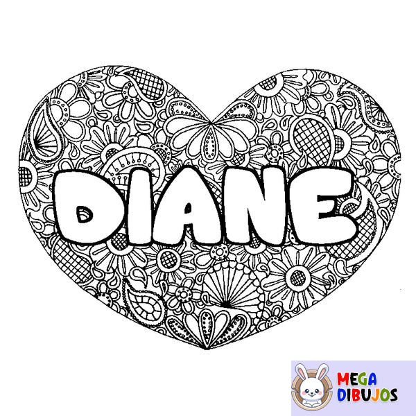 Coloraci&oacute;n del nombre DIANE - decorado mandala de coraz&oacute;n