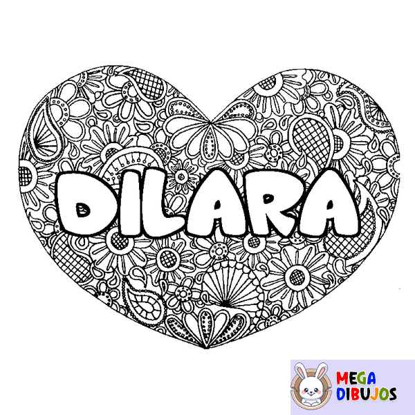 Coloraci&oacute;n del nombre DILARA - decorado mandala de coraz&oacute;n