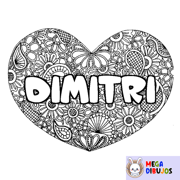 Coloraci&oacute;n del nombre DIMITRI - decorado mandala de coraz&oacute;n