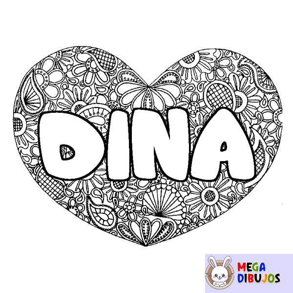 Coloraci&oacute;n del nombre DINA - decorado mandala de coraz&oacute;n