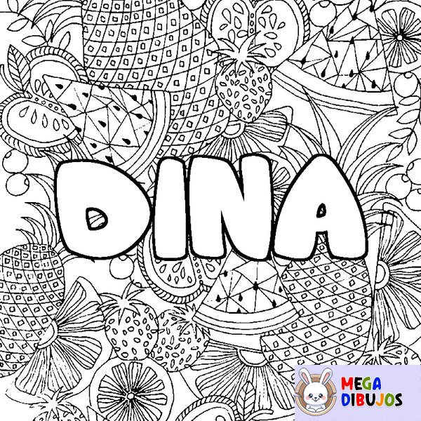 Coloraci&oacute;n del nombre DINA - decorado mandala de frutas