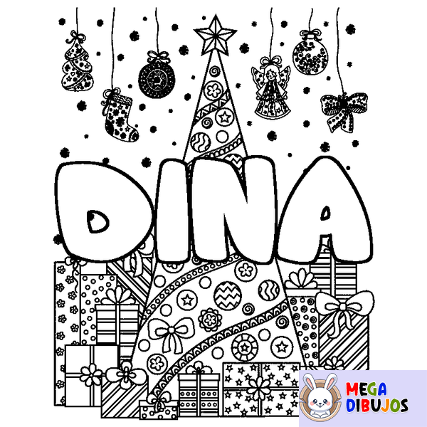 Coloraci&oacute;n del nombre DINA - decorado &aacute;rbol de Navidad y regalos