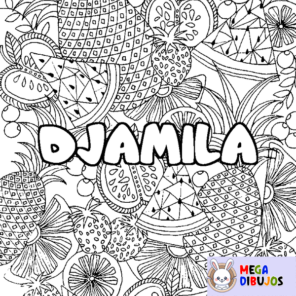 Coloraci&oacute;n del nombre DJAMILA - decorado mandala de frutas