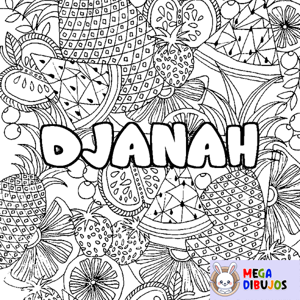 Coloraci&oacute;n del nombre DJANAH - decorado mandala de frutas