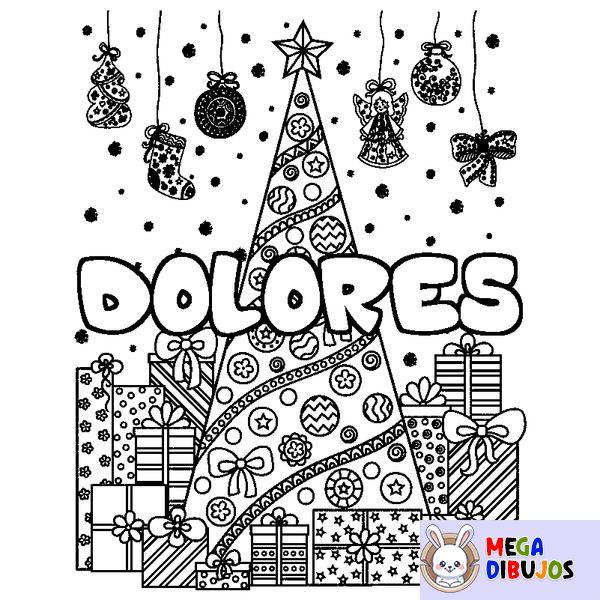 Coloraci&oacute;n del nombre DOLORES - decorado &aacute;rbol de Navidad y regalos