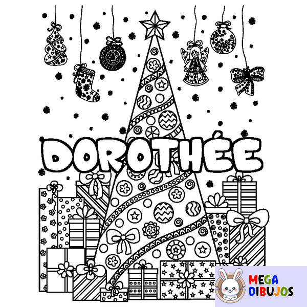 Coloraci&oacute;n del nombre DOROTH&Eacute;E - decorado &aacute;rbol de Navidad y regalos