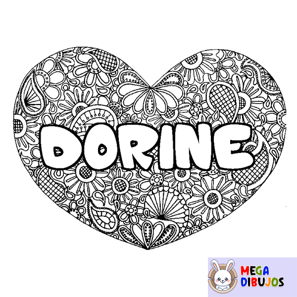 Coloraci&oacute;n del nombre DORINE - decorado mandala de coraz&oacute;n