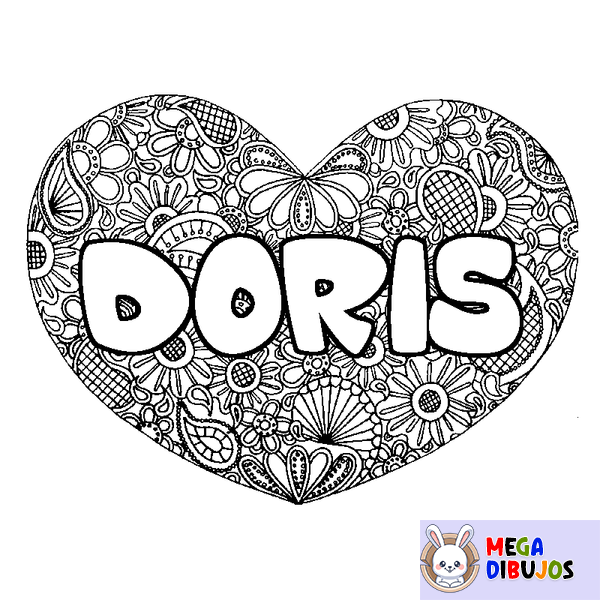 Coloraci&oacute;n del nombre DORIS - decorado mandala de coraz&oacute;n