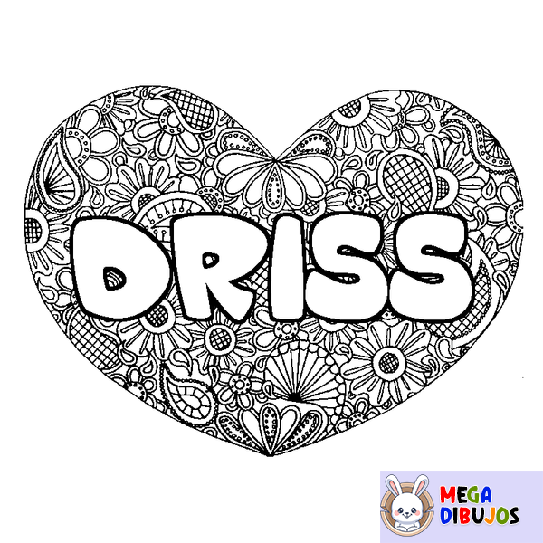 Coloraci&oacute;n del nombre DRISS - decorado mandala de coraz&oacute;n