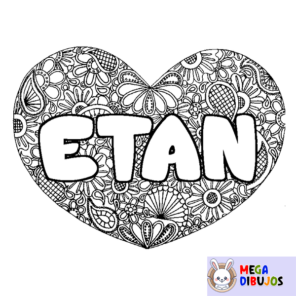 Coloraci&oacute;n del nombre ETAN - decorado mandala de coraz&oacute;n