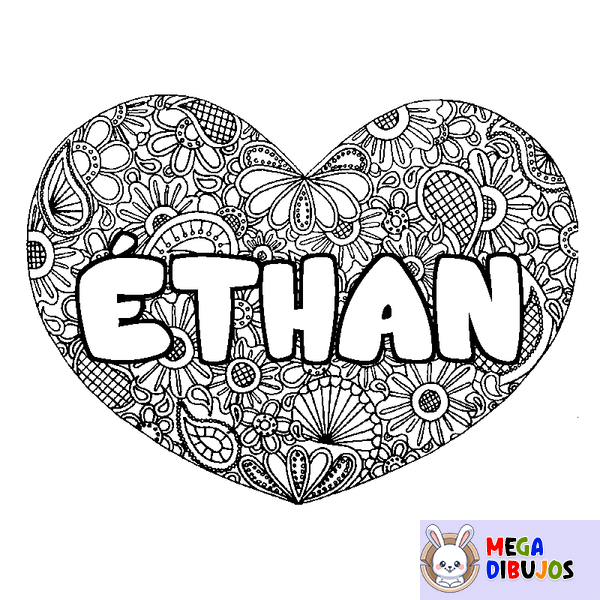 Coloraci&oacute;n del nombre &Eacute;THAN - decorado mandala de coraz&oacute;n