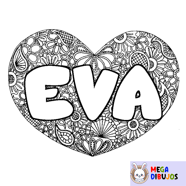 Coloraci&oacute;n del nombre EVA - decorado mandala de coraz&oacute;n