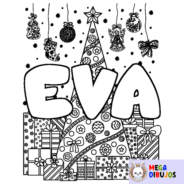 Coloraci&oacute;n del nombre EVA - decorado &aacute;rbol de Navidad y regalos