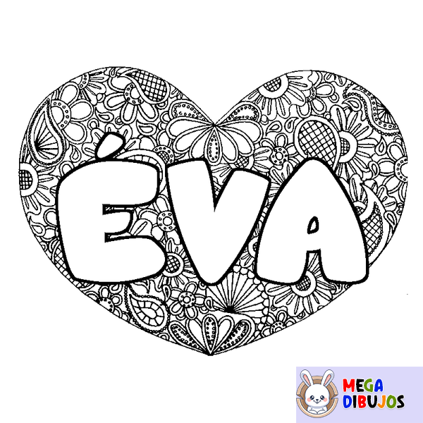 Coloraci&oacute;n del nombre &Eacute;VA - decorado mandala de coraz&oacute;n