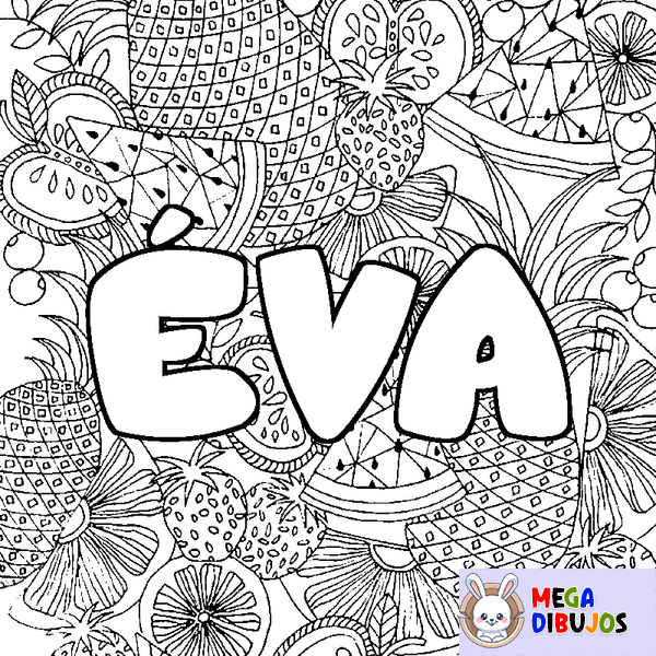 Coloraci&oacute;n del nombre &Eacute;VA - decorado mandala de frutas
