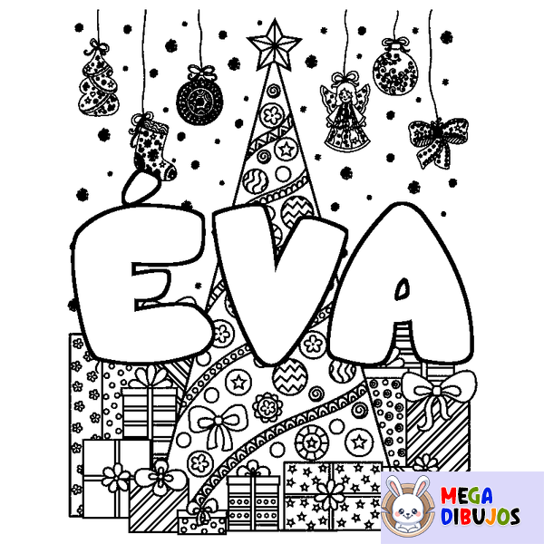 Coloraci&oacute;n del nombre &Eacute;VA - decorado &aacute;rbol de Navidad y regalos