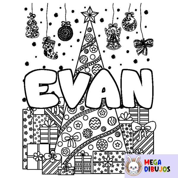 Coloraci&oacute;n del nombre EVAN - decorado &aacute;rbol de Navidad y regalos