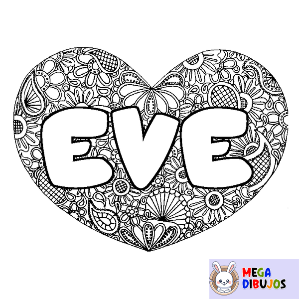 Coloraci&oacute;n del nombre EVE - decorado mandala de coraz&oacute;n