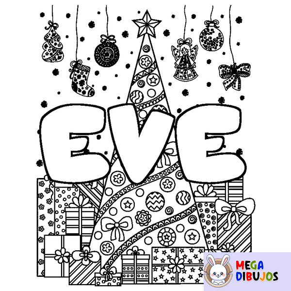 Coloraci&oacute;n del nombre EVE - decorado &aacute;rbol de Navidad y regalos