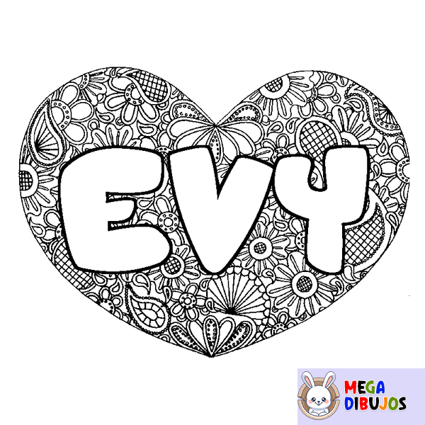 Coloraci&oacute;n del nombre EVY - decorado mandala de coraz&oacute;n