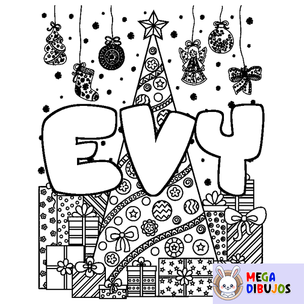 Coloraci&oacute;n del nombre EVY - decorado &aacute;rbol de Navidad y regalos
