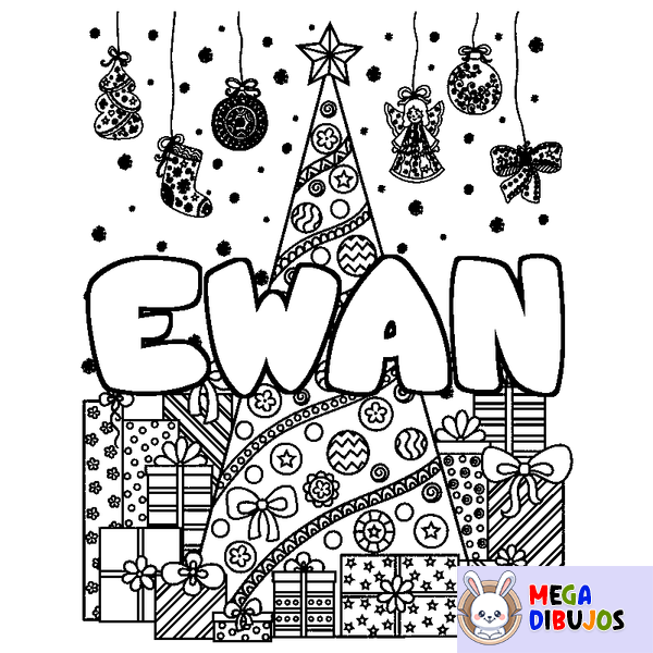 Coloraci&oacute;n del nombre EWAN - decorado &aacute;rbol de Navidad y regalos