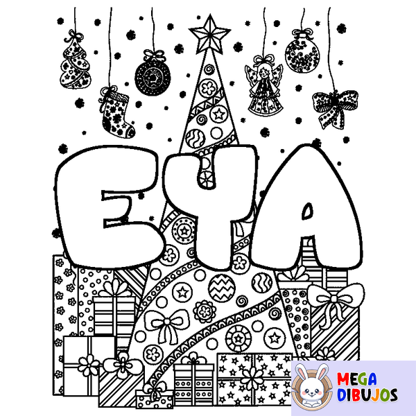 Coloraci&oacute;n del nombre EYA - decorado &aacute;rbol de Navidad y regalos