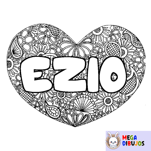 Coloraci&oacute;n del nombre EZIO - decorado mandala de coraz&oacute;n