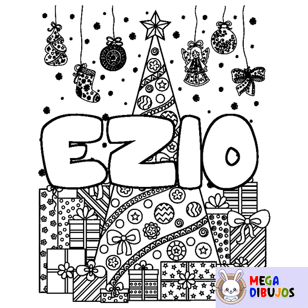 Coloraci&oacute;n del nombre EZIO - decorado &aacute;rbol de Navidad y regalos