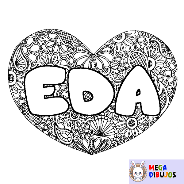 Coloraci&oacute;n del nombre EDA - decorado mandala de coraz&oacute;n