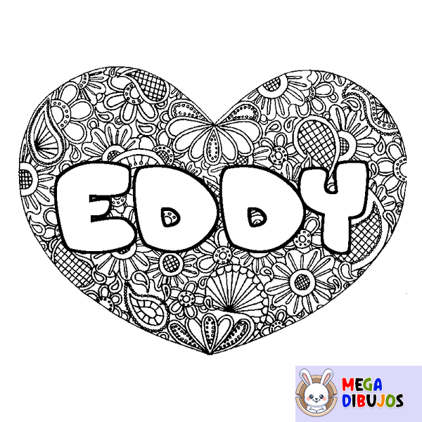Coloraci&oacute;n del nombre EDDY - decorado mandala de coraz&oacute;n