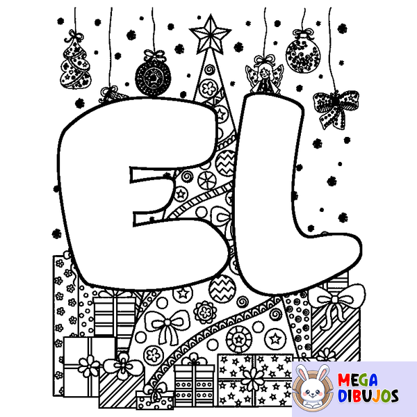 Coloraci&oacute;n del nombre EL - decorado &aacute;rbol de Navidad y regalos