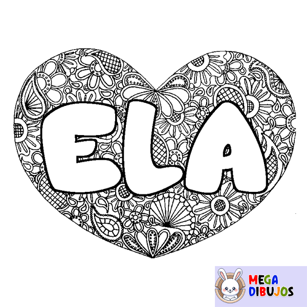 Coloraci&oacute;n del nombre ELA - decorado mandala de coraz&oacute;n