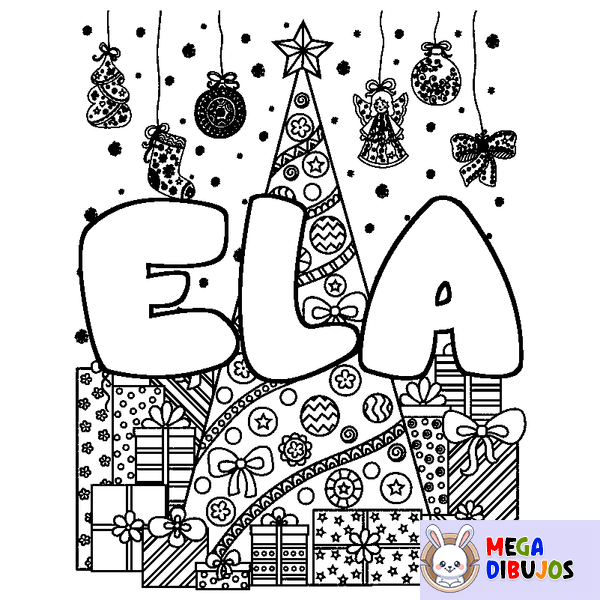 Coloraci&oacute;n del nombre ELA - decorado &aacute;rbol de Navidad y regalos