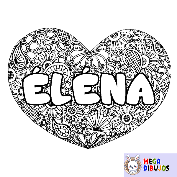 Coloraci&oacute;n del nombre &Eacute;L&Eacute;NA - decorado mandala de coraz&oacute;n