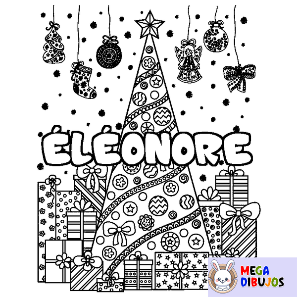 Coloraci&oacute;n del nombre &Eacute;L&Eacute;ONORE - decorado &aacute;rbol de Navidad y regalos